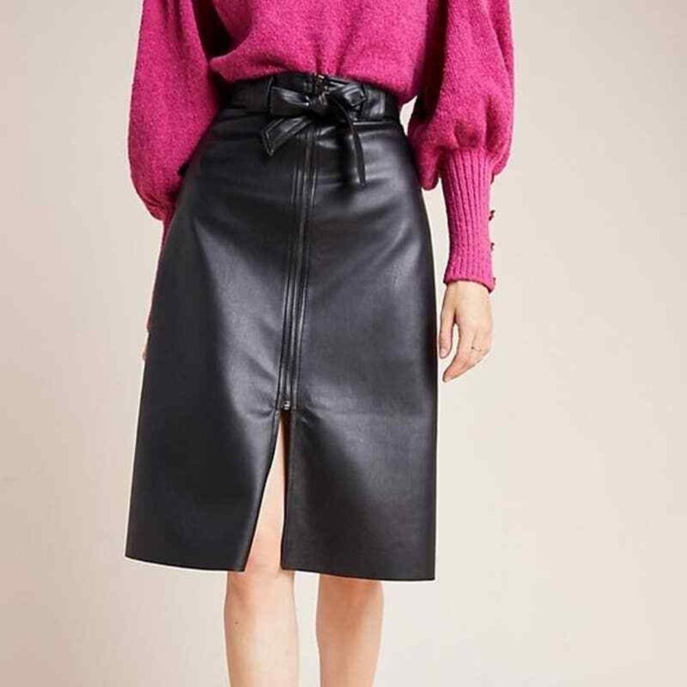 Bailey 44 Black Vegan Faux Leather Front Zip Belted Pencil Skirt